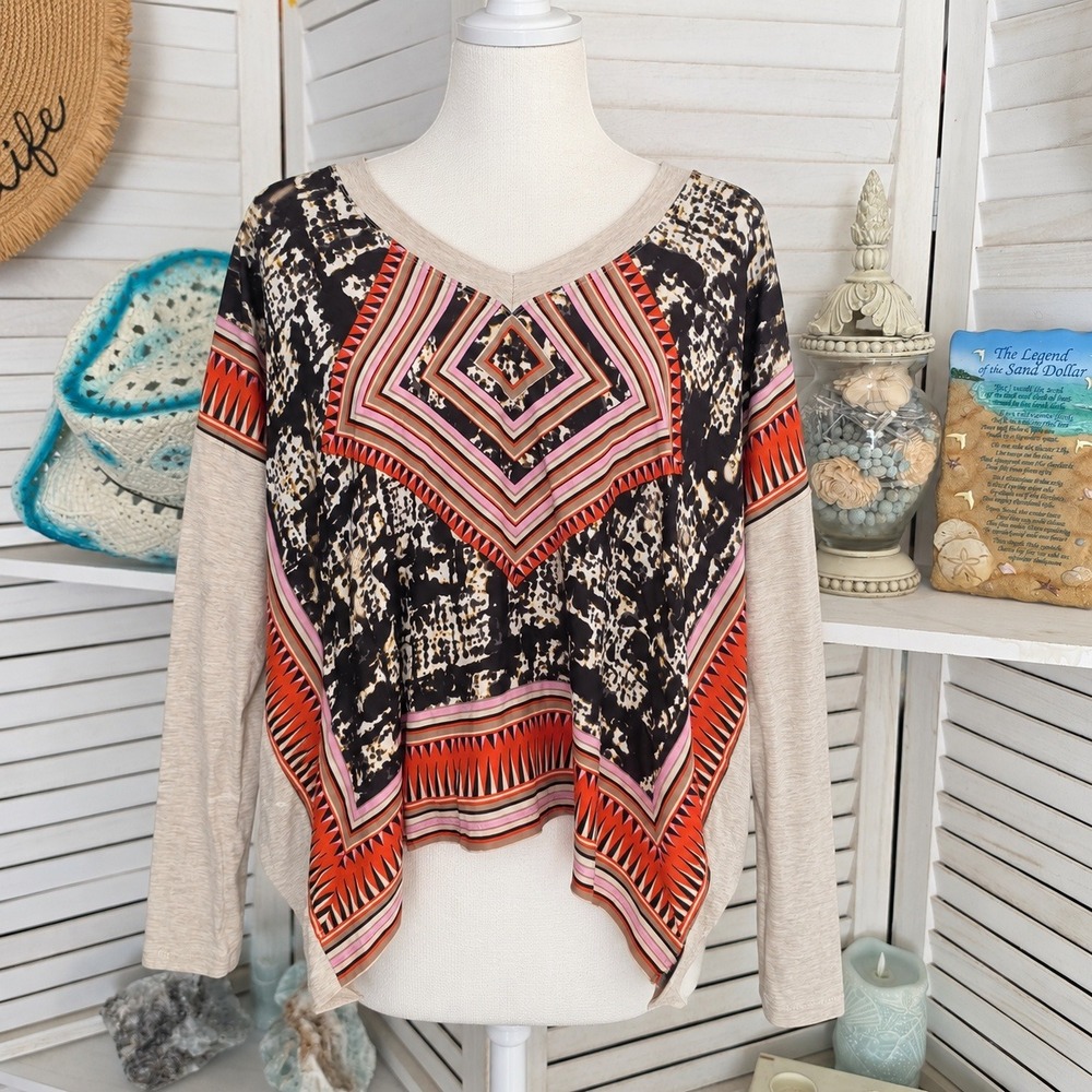 Cabi XS Mixed Media Print Boho Top Long Sleeve Geometric Oversized Oatmeal Tan